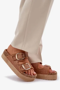 Klapki Z Plecionką I Klamrami Na Masywnej Platformie Camel Aralissea