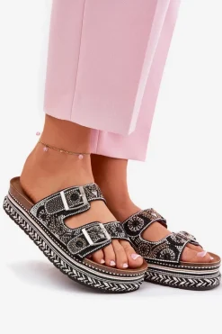Klapki Ze Zdobieniem I Klamrami Na Platformie Czarne Mellene