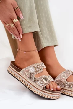 Klapki Ze Zdobieniem I Klamrami Na Platformie Złote Mellene