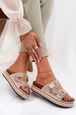 Klapki Ze Zdobieniem I Klamrami Na Platformie Złote Mellene