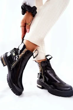 Klasyczne Botki Lakierowane Z Paskiem Czarne Lorie