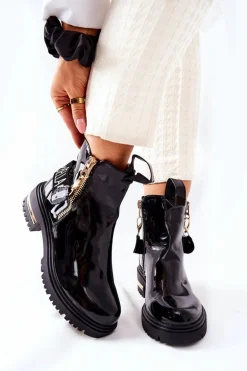 Klasyczne Botki Lakierowane Z Paskiem Czarne Lorie