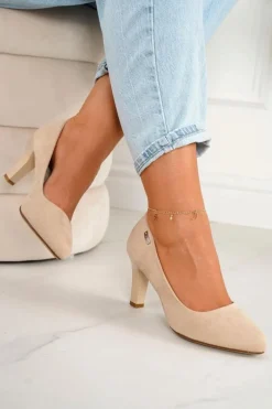 Klasyczne Czółenka Na Słupku Zamszowe Beżowe Eleanor