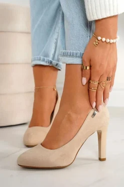 Klasyczne Czółenka Na Słupku Zamszowe Beżowe Eliana