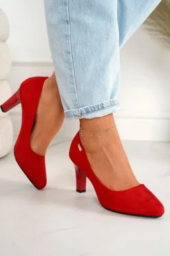 Klasyczne Czółenka Na Słupku Zamszowe Czerwone Eleanor