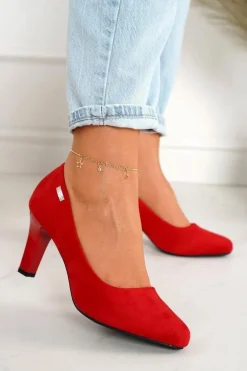 Klasyczne Czółenka Na Słupku Zamszowe Czerwone Eleanor