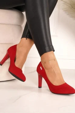 Klasyczne Czółenka Na Słupku Zamszowe Czerwone Eliana