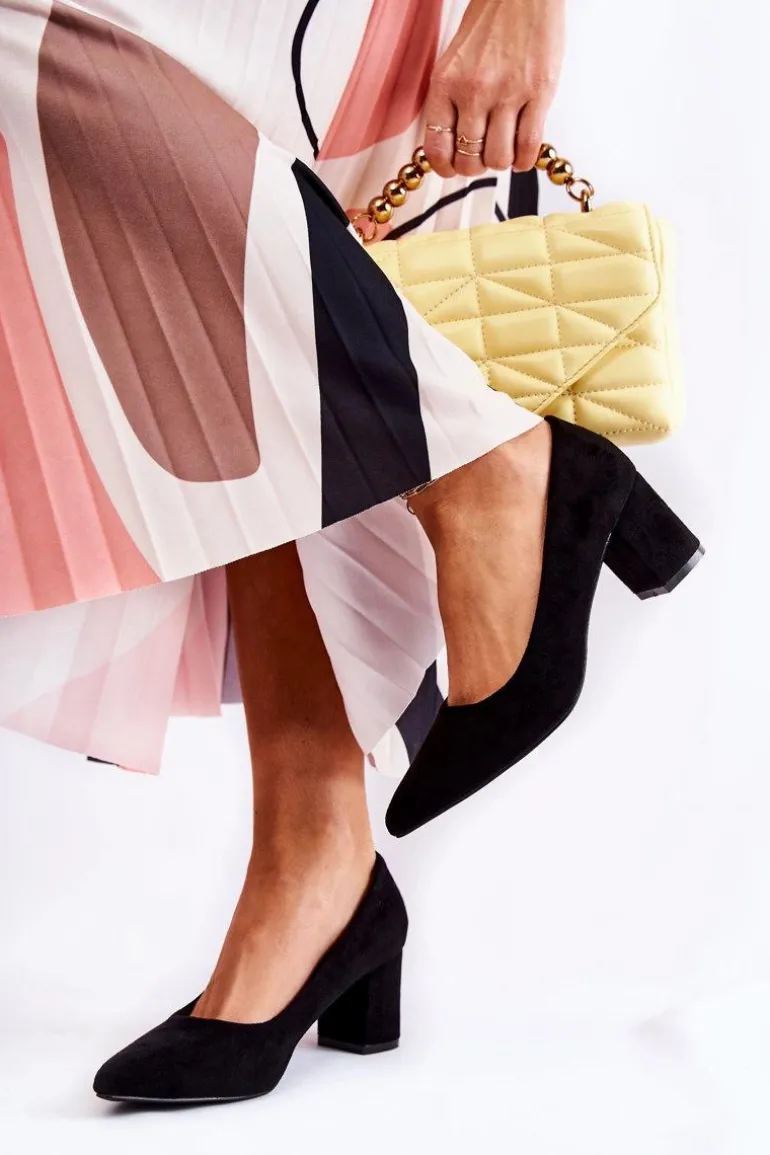 Klasyczne Czółenka Zamszowe Na Słupku Czarne Lency