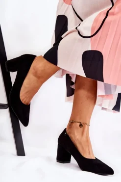 Klasyczne Czółenka Zamszowe Na Słupku Czarne Lency