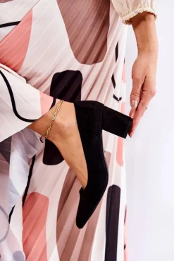 Klasyczne Czółenka Zamszowe Na Słupku Czarne Lency