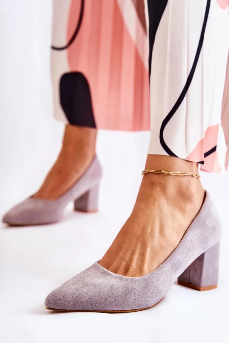 Klasyczne Czółenka Zamszowe Na Słupku Szare Lency