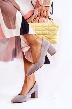 Klasyczne Czółenka Zamszowe Na Słupku Szare Lency