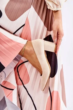 Klasyczne Czółenka Zamszowe Na Słupku Beżowe Lency