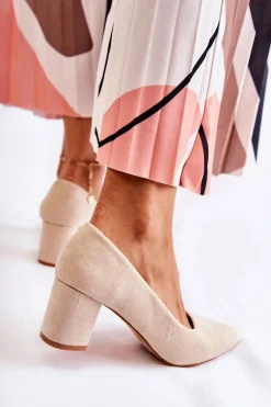 Klasyczne Czółenka Zamszowe Na Słupku Beżowe Lency