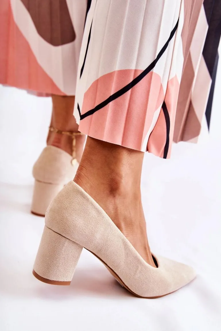 Klasyczne Czółenka Zamszowe Na Słupku Beżowe Lency