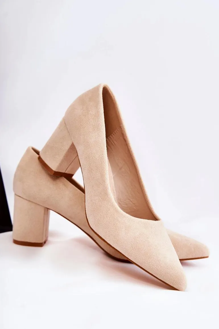 Klasyczne Czółenka Zamszowe Na Słupku Beżowe Lency