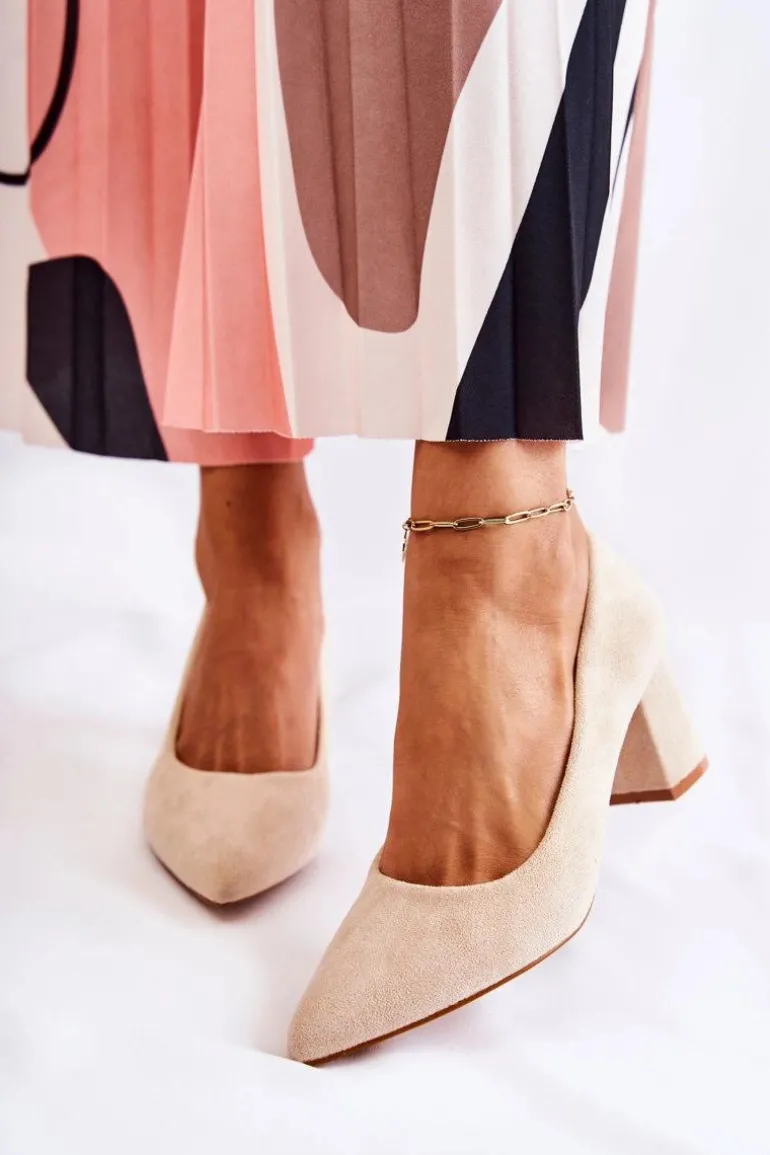 Klasyczne Czółenka Zamszowe Na Słupku Beżowe Lency