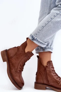 Klasyczne Damskie Botki Na Płaskim Obcasie Brązowe Ballisa