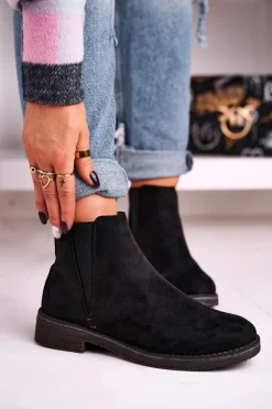 Klasyczne Damskie Botki Sztyblety Zamszowe Czarne Heather