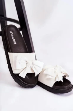 Klasyczne Damskie Klapki Skórzane Z Kokardą Białe Dessy