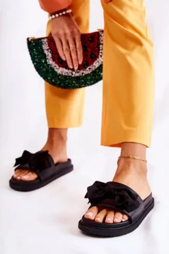 Klasyczne Damskie Klapki Skórzane Z Kokardą Czarne Dessy