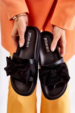 Klasyczne Damskie Klapki Skórzane Z Kokardą Czarne Dessy