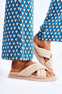 Klasyczne Damskie Klapki Skórzane Beżowe Daron