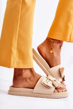 Klasyczne Damskie Klapki Skórzane Z Kokardą Beżowe Dessy