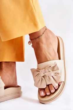 Klasyczne Damskie Klapki Skórzane Z Kokardą Beżowe Dessy