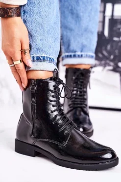 Klasyczne Damskie Ocieplane Botki Lakierowane Czarne Simplicity