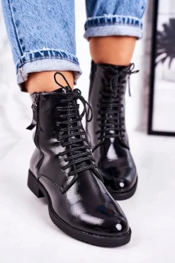 Klasyczne Damskie Ocieplane Botki Lakierowane Czarne Simplicity