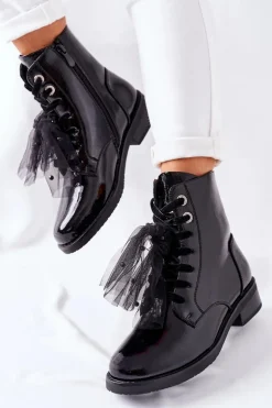 Klasyczne Damskie Ocieplane Botki Lakierowane Czarne La Grotta