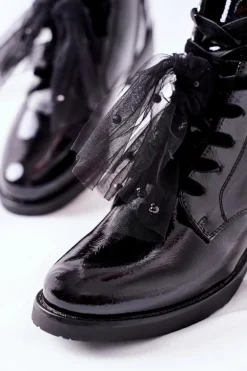 Klasyczne Damskie Ocieplane Botki Lakierowane Czarne La Grotta