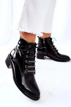 Klasyczne Damskie Ocieplane Botki Lakierowane Czarne Reflection