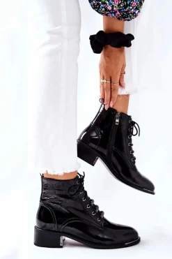 Klasyczne Damskie Ocieplane Botki Lakierowane Czarne Reflection