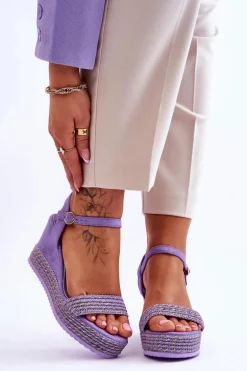 Klasyczne Damskie Sandały Na Koturnie Fioletowe Malmo