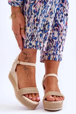 Klasyczne Damskie Sandały Na Koturnie Beżowe Malmo