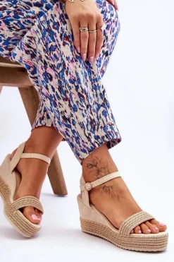 Klasyczne Damskie Sandały Na Koturnie Beżowe Malmo