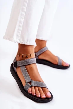 Klasyczne Damskie Sandały Na Rzepy Szare Kalla