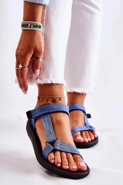 Klasyczne Damskie Sandały Na Rzepy Niebieskie Kalla