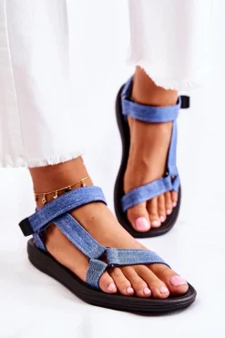 Klasyczne Damskie Sandały Na Rzepy Niebieskie Kalla