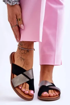 Klasyczne Damskie Skórzane Klapki Czarno-Platynowe Nancy