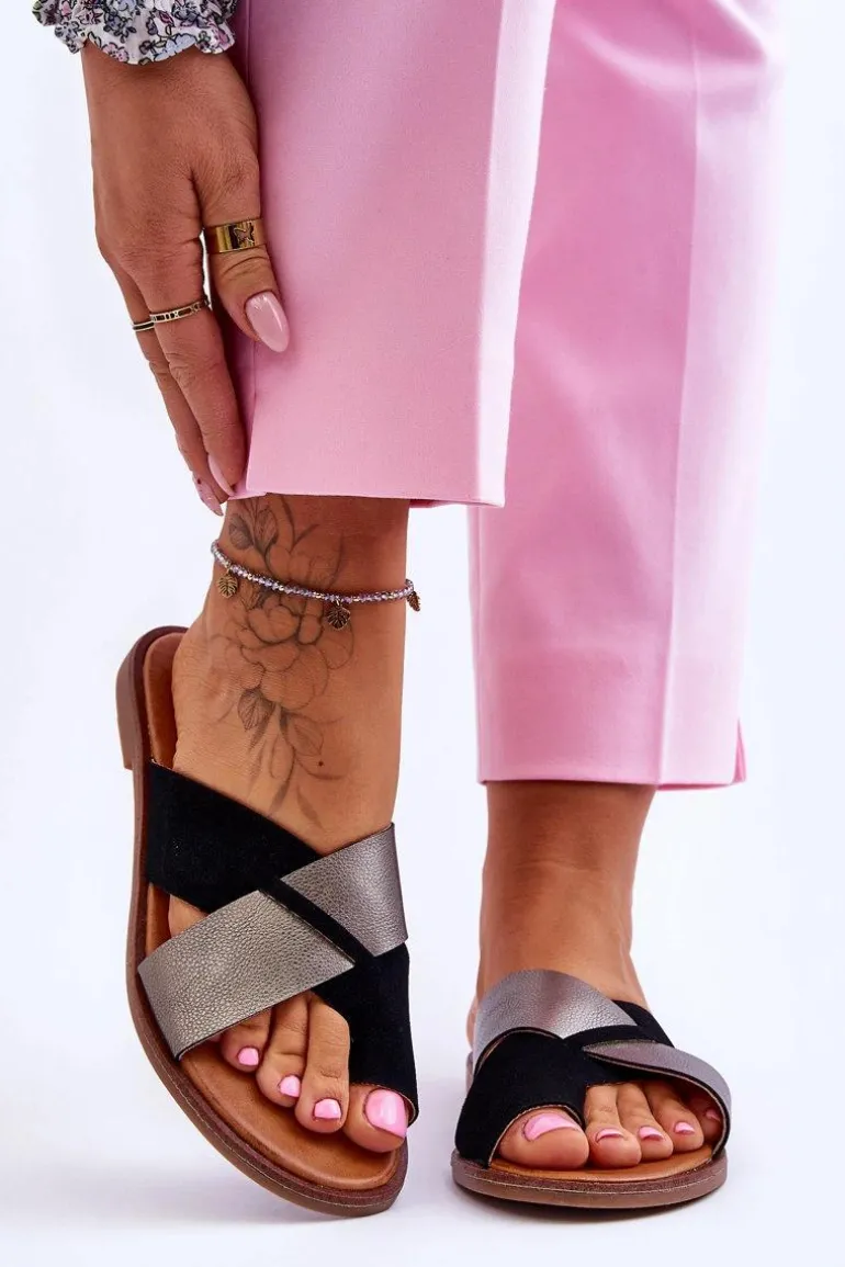 Klasyczne Damskie Skórzane Klapki Czarno-Platynowe Nancy