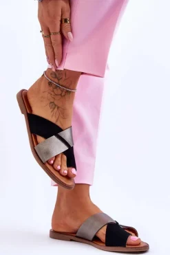 Klasyczne Damskie Skórzane Klapki Czarno-Platynowe Nancy