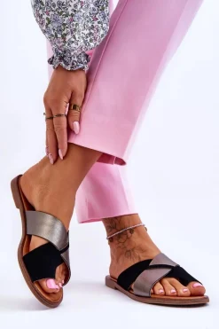 Klasyczne Damskie Skórzane Klapki Czarno-Platynowe Nancy