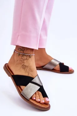 Klasyczne Damskie Skórzane Klapki Czarno-Platynowe Nancy