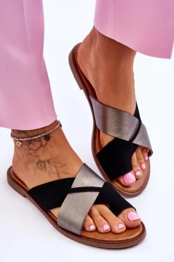 Klasyczne Damskie Skórzane Klapki Czarno-Platynowe Nancy