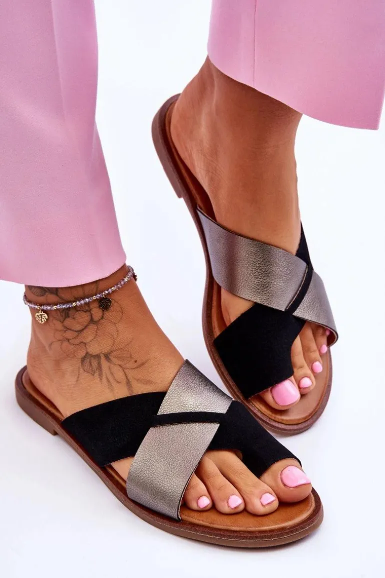 Klasyczne Damskie Skórzane Klapki Czarno-Platynowe Nancy