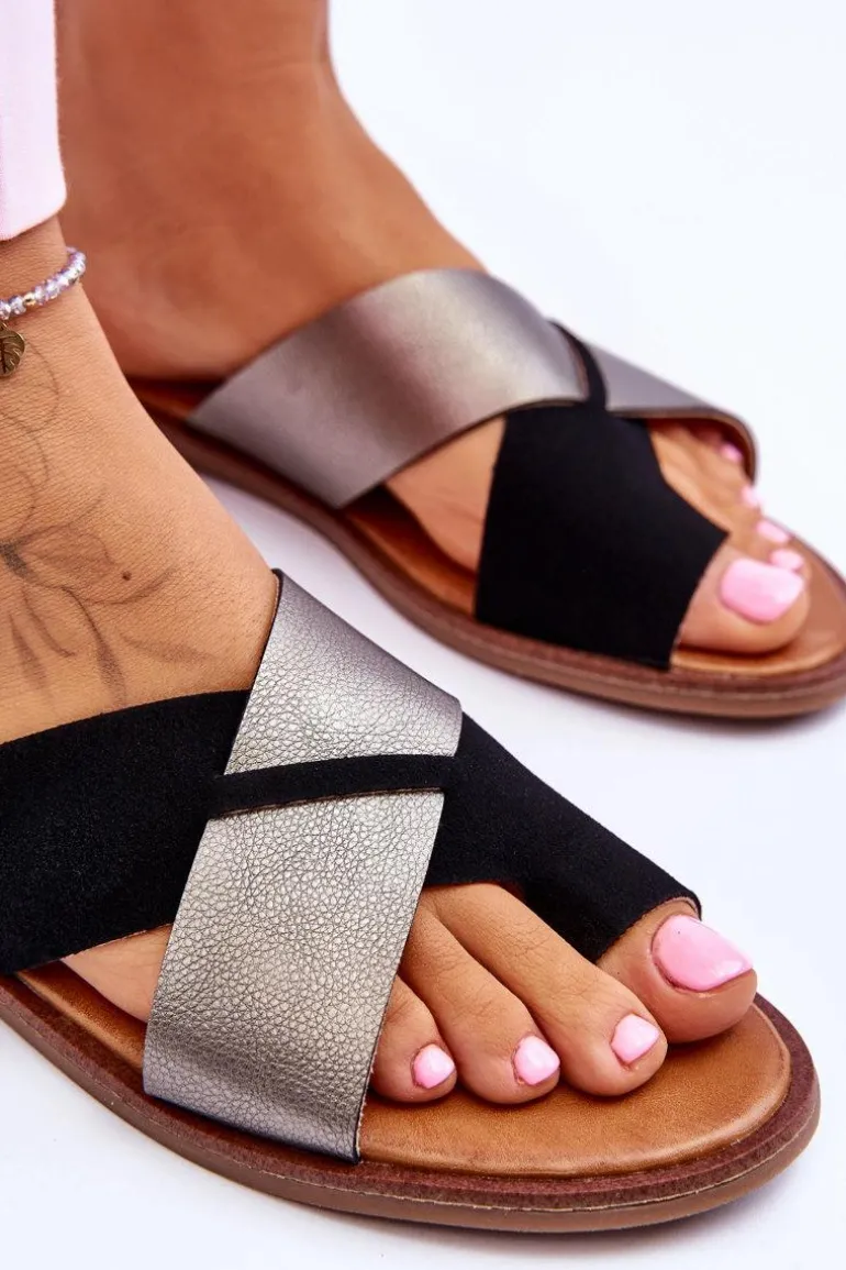 Klasyczne Damskie Skórzane Klapki Czarno-Platynowe Nancy