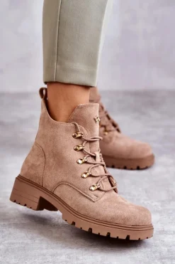 Klasyczne Damskie Zamszowe Botki Beżowe Telma